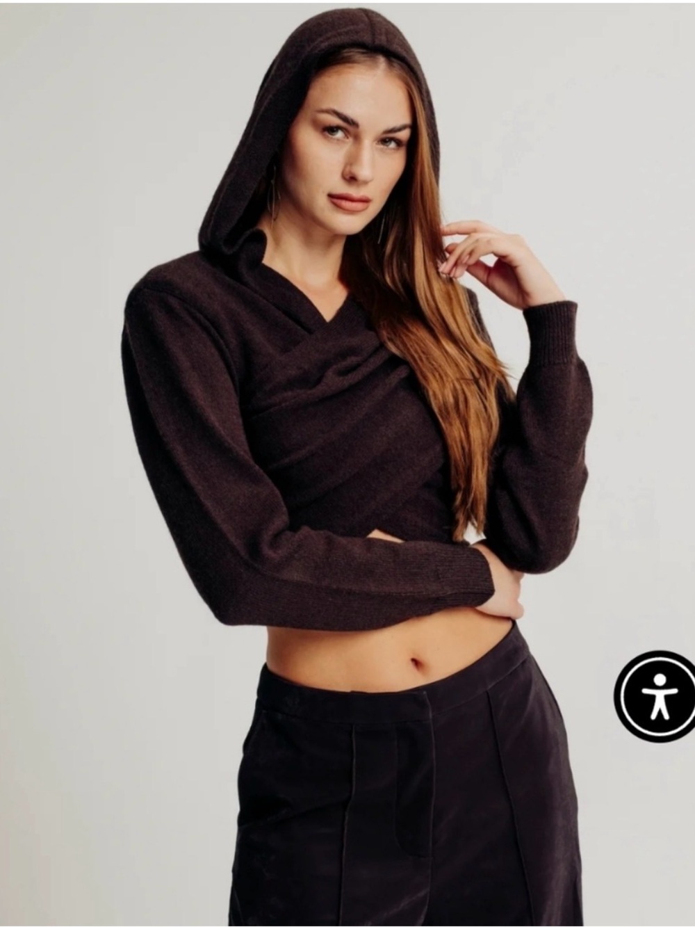 Torn by Ronny Kobo Cropped Hooded Turtleneck Sweater in Dark Brown
